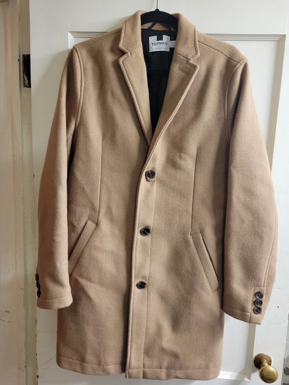 Topman Camel Single-Breasted Wool Pea Coat